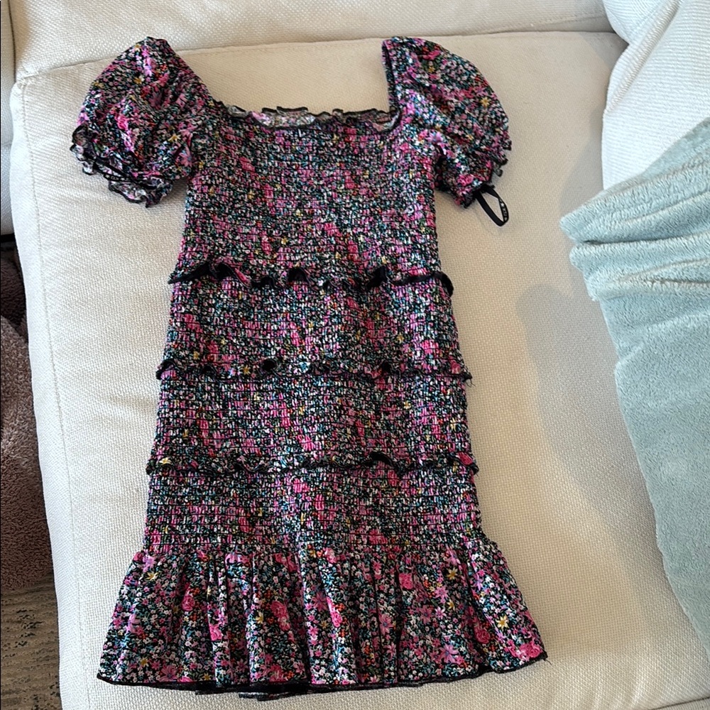 Katie J NYC Pink and Purple Peplum Sundress with Puff Sleeves